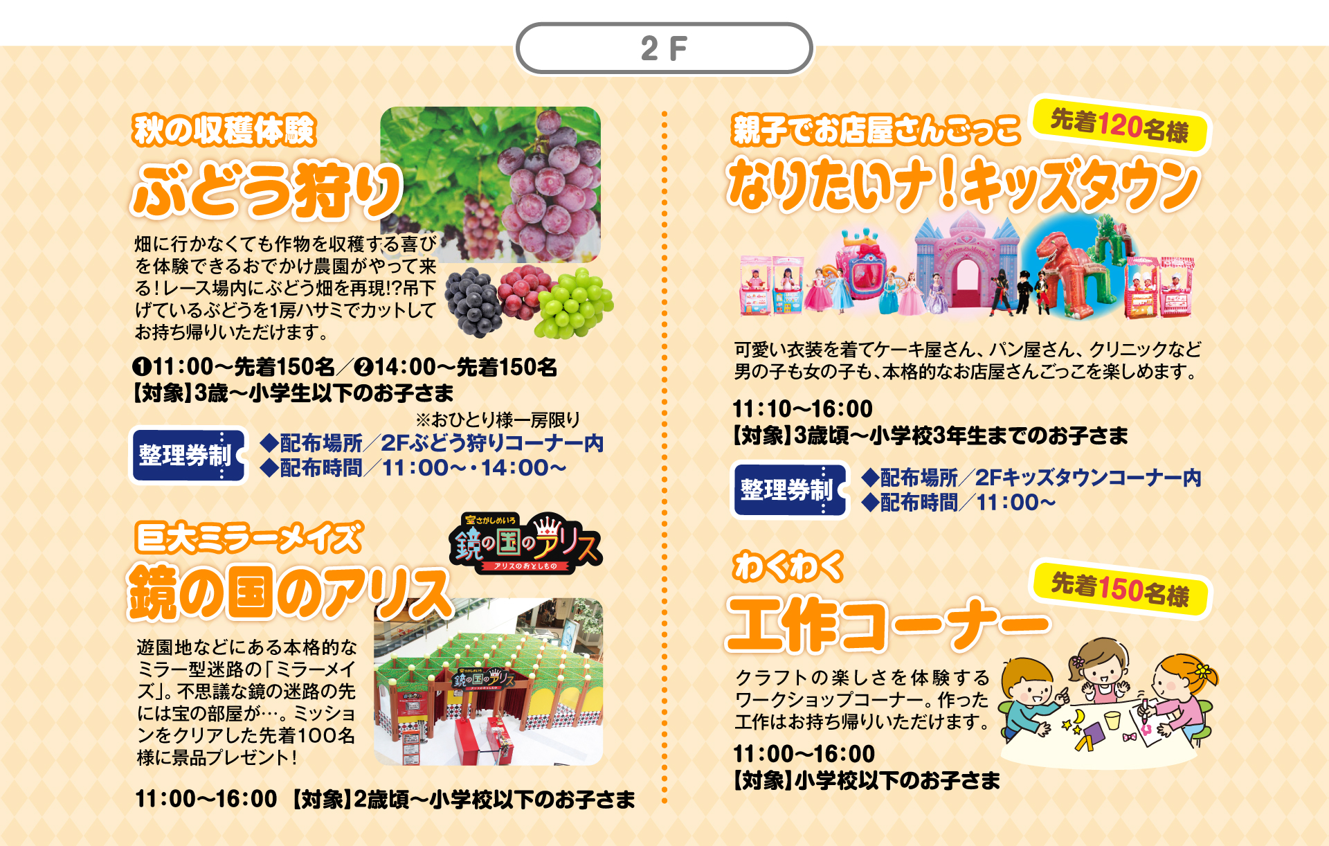 2F ぶどう狩り／なりたいナ！キッズタウン 先着120名様／鏡の国のアリス／わくわく工作コーナー 先着150名様